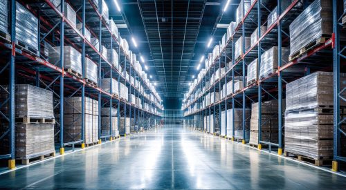 Huge distribution warehouse with high shelves, bright led lights, future production. Generative AI.